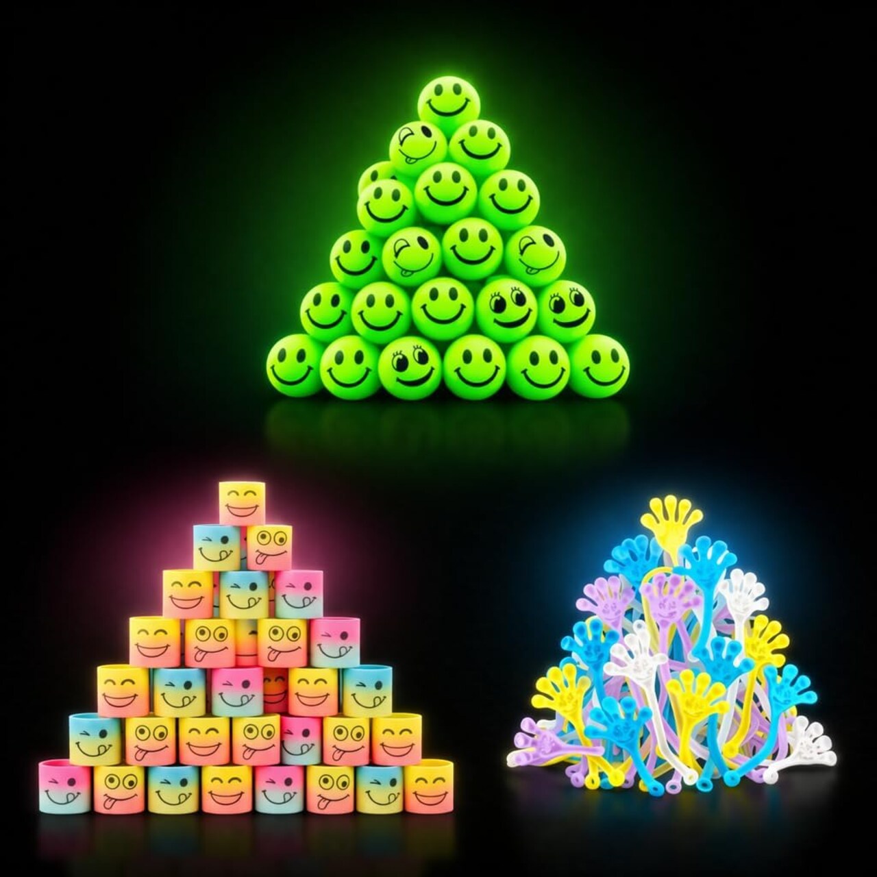 4E’s Novelty 108 pcs Glow in the Dark Toys - 36 Mini Bouncy Balls, 36 Coil Spring Toys, 36 Sticky Hands Party Favor - Toys for Birthday Party Supplies